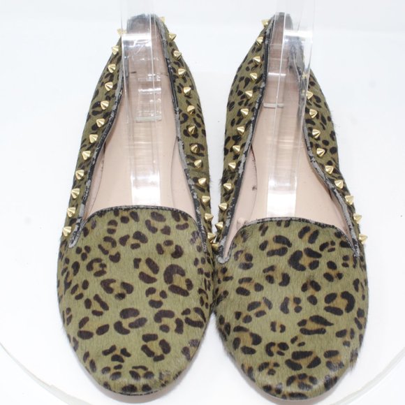 Zara Women Sz 10.5M Pony Hair Leather Green Leopard Print Studded Ballet Flats - Picture 4 of 9